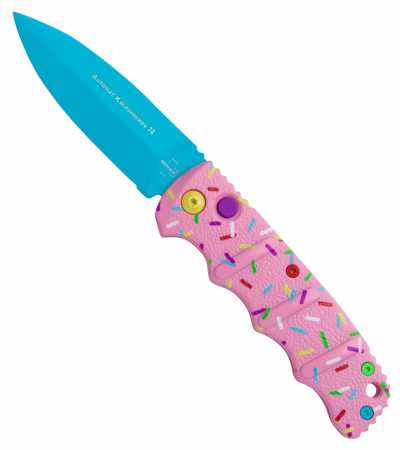 Böker Plus Dessert Warrior, Donut-Design, rosa Griff mit Sprinkels, türkise Klinge, offen