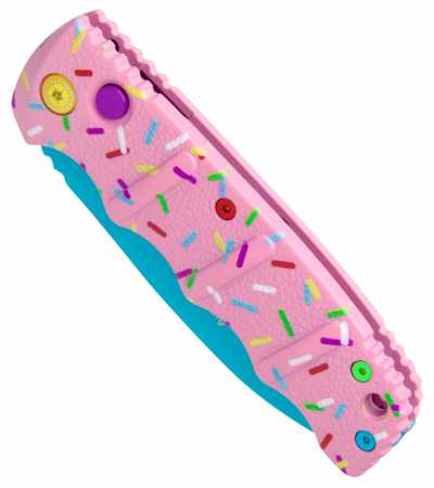 Böker Plus Dessert Warrior, Donut-Design, rosa Griff mit Sprinkels, türkise Klinge, geschlossen