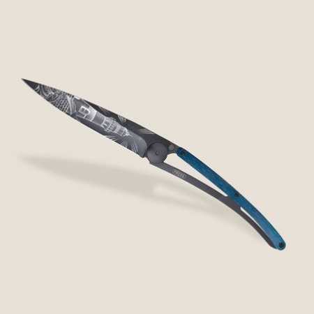 Deejo Taschenmesser "Leuchtturm" Blaues Buchenholz offen