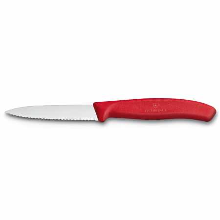 Gemüsemesser von Victorinox, Wellenschliff, 8 cm mit rotem Griff