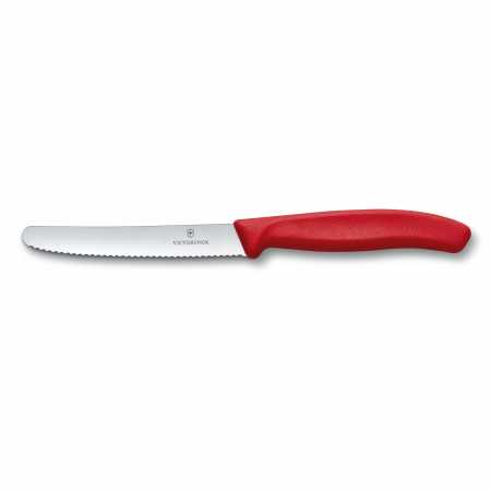 Tomatenmesser von Victorinox mit Wellenschliff und rotem Griff, 11 cm