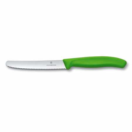 Tomatenmesser von Victorinox mit Wellenschliff und grünem Griff, 11 cm