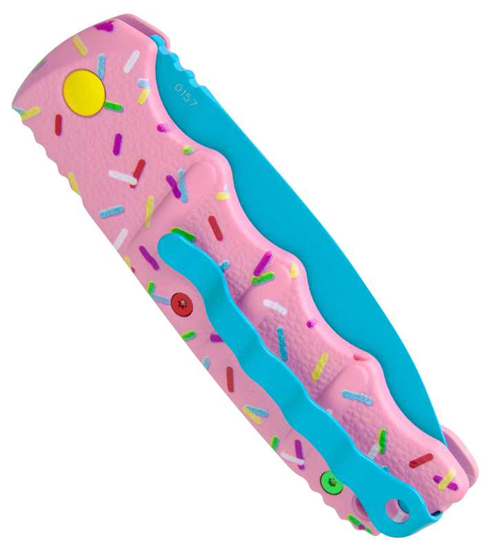 Böker Plus Dessert Warrior, Donut-Design, rosa Griff mit Sprinkels, türkise Klinge, Rückseite mit Clip