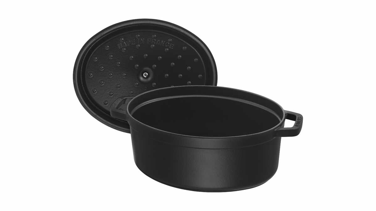 Staub Cocotte, Gusseisen, oval, 31 cm, Schwarz, Deckel und Topf