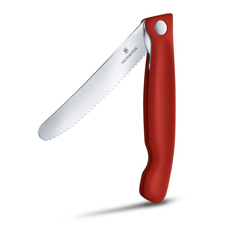 Faltbares Tomatenmesser mit Wellenschliff von Victorinox mit rotem Griff