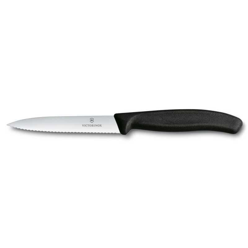 Gemüsemesser mit Wellenschliff von Victorinox mit schwarzem Griff, 10 cm