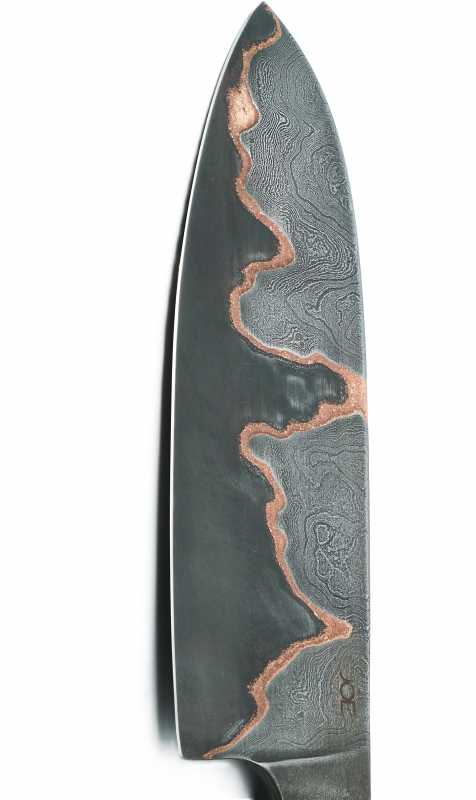 Santoku, Wilder Damast, handgefertigtes Unikat, Detail Klinge