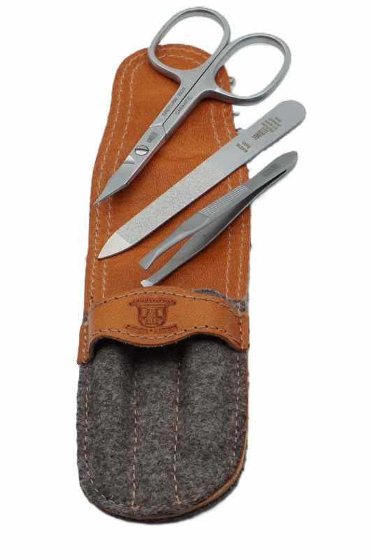Dreiturm Stecketui aus Loden und Rindsleder, 3-tlg., Grau/Braun
