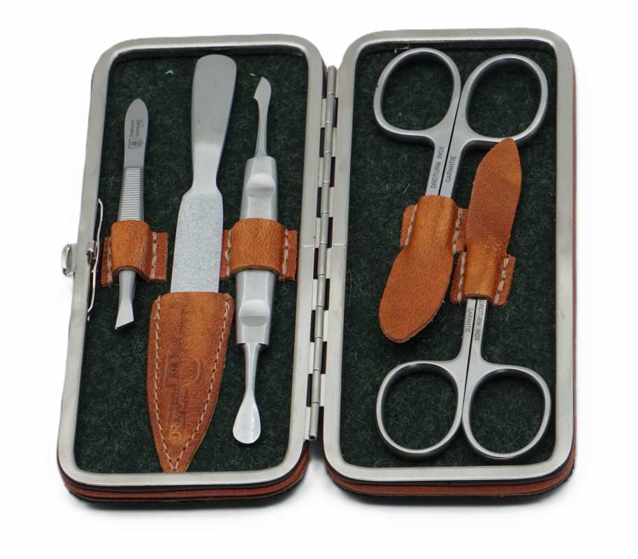 Dreiturm Rahmenetui aus Loden und Rindsleder, 5-tlg., Grün/Braun