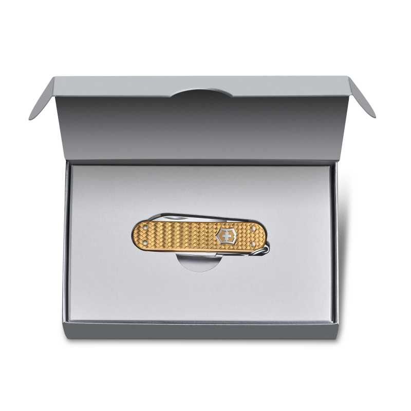 Victorinox Taschenmesser Classic Precious Alox, Brass Gold, Verpackung offen