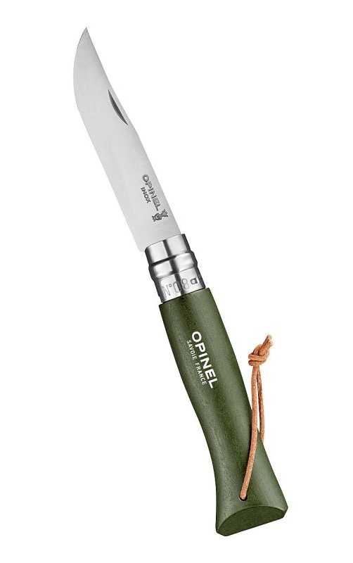 Opinel Taschenmesser No 8 Colorama mit Lederkordel, Khaki, offen