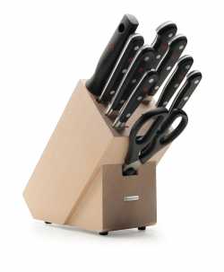 Messerblock von Wüsthof Classic mit Tourniermesser, Gemüsemesser, Aufschnittmesser, Schinkenmesser, Brotmesser,  Kochmesser, Fleischgabel und  Küchenschere.